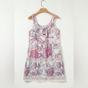 *NEW* Pink, Cream & Green Floral Sleeveless Boho Sleeveless Dress | Size M